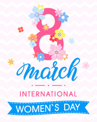 Women`s Day typography with different flowers and ribbon.Seasons greetings card perfect for prints,flyers,posters,holiday invitations and more.Vector 8 march card.