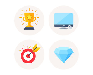 Set of Target goal, Computer display and Winner cup icons. Diamond crystal sign. Marketing strategy, Monitor device, Trophy award. Brilliant gemstone. Colorful icons in round buttons. Vector