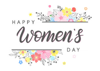 Women`s Day typography- hand painted lettering with different flowers and floral elements.Seasons greetings card perfect for prints,flyers,posters,holiday invitations and more.Vector 8 march card.