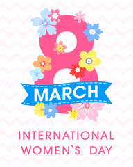 Women`s Day typography with different flowers and ribbon.Seasons greetings card perfect for prints,flyers,posters,holiday invitations and more.Vector 8 march card.