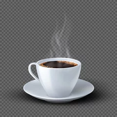 Foto op Plexiglas White realistic coffee cup with smoke isolated on transparent background. Coffee cup beverage, cafe breakfast illustration © MicroOne