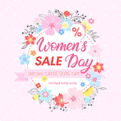 Woman`s Day promotion.Hand painted lettering with different flowers and floral elements.Sale season card perfect for flyers,posters, sale banners,brochures,special offers and more.8 march promo.