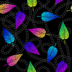 Colorful neon leaves and chains seamless vector pattern.