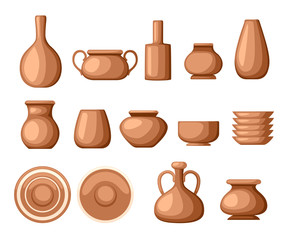 Set of clay crockery. Kitchenware dishes - plates, jugs, pots. Brown clay. Flat vector illustration isolated on white background