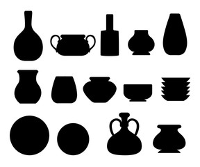 Black silhouette. Set of clay crockery. Kitchenware dishes - plates, jugs, pots. Brown clay. Flat vector illustration isolated on white background