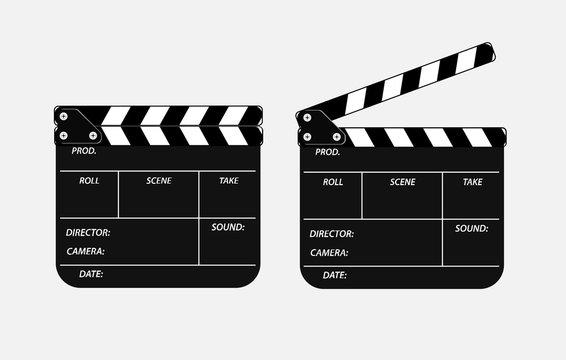 Two movie clappers open and close isolated on white background. 3d realistic movie clapperboard. Black cinema slate board view close up, for filmmaking and video production. Film industry equipment