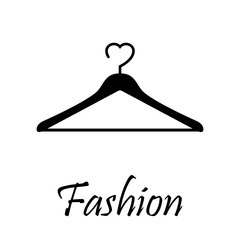 Logotipo abstracto con texto Fashion con percha y corazón en color negro