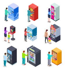 Isometric vending machine and people. Customers buy snacks, soda drinks and tickets in vending machines. 3d vector icons. Illustration of vending machine for selling beverage and food