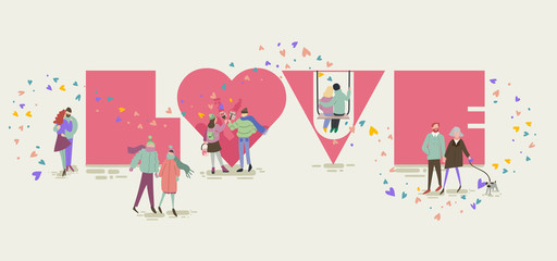 Love sign with tiny people in love painting walking with dog cuddling  kising and swing