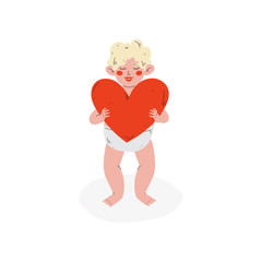 Cute Funny Cupid Holding Red Heart, Amur Baby Angel, Happy Valentine Day Symbol Vector Illustration