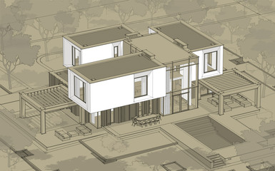 3d rendering sketch of modern cozy house in garden with garage for sale or rent. Black line sketch with white spot and hand drawing entourage on craft background.
