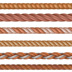 Realistic seamless rope and nautical cables vector set isolated on white background. Illustration of twisted fiber and cord string © MicroOne
