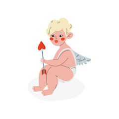 Cute Cupid with Arrow of Love, Amur Baby Angel, Happy Valentine Day Symbol Vector Illustration