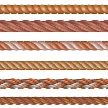 Realistic seamless rope and nautical cables vector set isolated on white background. Illustration of twisted fiber and cord string