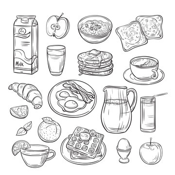 Breakfast doodle. Sandwich bread toast egg butter, morning coffee and cheese sketch healthy food vintage vector set. Sandwich and coffee to breakfast, toast and egg illustration