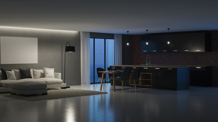 Modern house interior. Night. Evening lighting. 3D rendering.