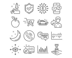 Set of Quick tips, Shopping cart and Phone survey icons. Parcel delivery, Line graph and Time hourglass signs. Innovation, Car and Column diagram symbols. Vector