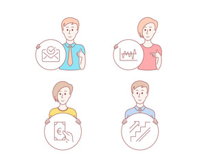 People hand drawn style. Set of Approved mail, Finance and Stock analysis icons. Stairs sign. Confirmed document, Eur cash, Business trade. Stairway.  Character hold circle button. Man with like hand