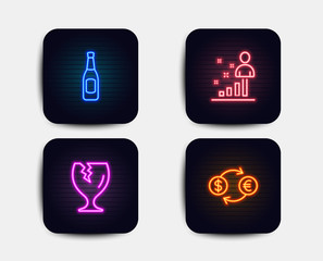 Neon set of Fragile package, Beer and Stats icons. Currency exchange sign. Safe shipping, Pub alcohol, Business analysis. Banking finance. Neon icons. Glowing light banners. Vector