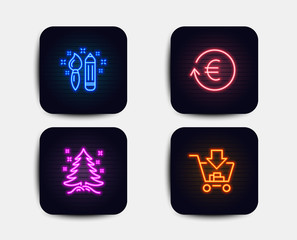 Neon set of Creativity, Christmas tree and Exchange currency icons. Shopping sign. Graphic art, Spruce, Reshresh exchange rate. Add to cart. Neon icons. Glowing light banners. Vector