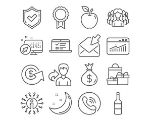 Set of Wine, Shopping and Web lectures icons. Women group, Website statistics and Open mail signs. Reward, Dollar exchange and Money bag symbols. Merlot bottle, Holiday packages, Online test. Vector