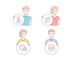 People hand drawn style. Set of Copyrighter, Copyright chat and Usd coins icons. Update data sign. Writer person, Speech bubble, Cash payment. Sales chart.  Character hold circle button. Vector