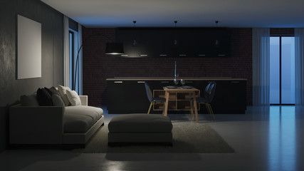 Modern house interior. Night. Evening lighting. 3D rendering.