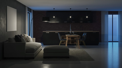 Modern house interior. Night. Evening lighting. 3D rendering.