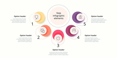Business process chart infographics with 5 step circles. Circular corporate workflow graphic elements. Company flowchart presentation slide template. Vector info graphic design.