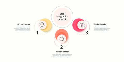 Business process chart infographics with 3 step circles. Circular corporate workflow graphic elements. Company flowchart presentation slide template. Vector info graphic design.