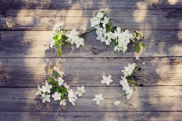 white apple flowers on old wooden background