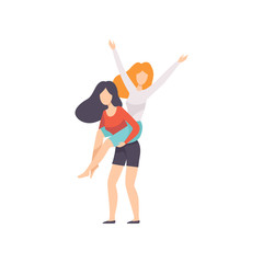 Young Brunette Woman Carrying Her Female Friend on Her Back, Female Friendship Vector Illustration