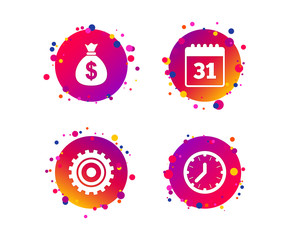 Business icons. Calendar and mechanical clock signs. Dollar money bag and gear symbols. Gradient circle buttons with icons. Random dots design. Vector