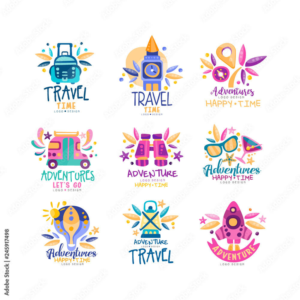 Poster Travel time logo design set, summer vacation, adventures, holidays, tourist agency creative labels, badges vector Illustration