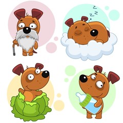 Set of icons with dogs for design and children, the dog sleeps on a cloud, was born in cabbage, holds a bottle of milk, an old dog, gray and with a beard and mustache.