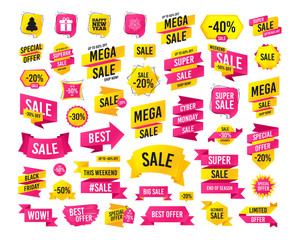 Sale banner. Super mega discounts. Happy new year icon. Christmas tree and gift box signs. Fireworks explosive symbol. Black friday. Cyber monday. Vector