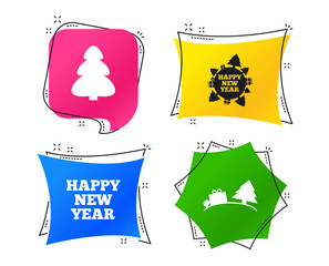 Happy new year icon. Christmas trees signs. World globe symbol. Geometric colorful tags. Banners with flat icons. Trendy design. Vector
