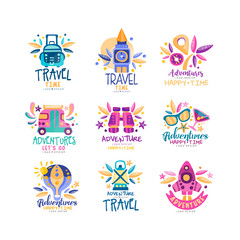 Travel time logo design set, summer vacation, adventures, holidays, tourist agency creative labels, badges vector Illustration