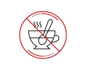 No or stop sign. Cup with spoon line icon. Fresh beverage sign. Latte or Coffee symbol. Caution prohibited ban stop symbol. No  icon design.  Vector