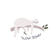 Sloth on the tree vector graphic. slow down sign. fabric design
