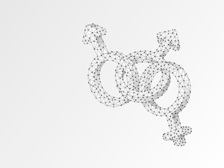 Bisexual pride, people symbol. Wireframe digital 3d illustration. Low poly, woman and two men bisexuality concept on white background. Abstract Raster polygonal origami style LGBT sign. RGB color mode