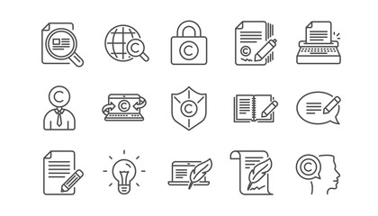 Copywriting line icons. Copyright, Typewriter and Feedback. Legal content linear icon set.  Vector