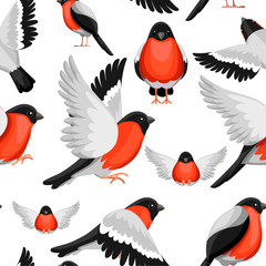 Seamless pattern. Colorful Icon set of Bullfinch bird. Flat cartoon character design. Bird icon in different side of view. Winter bird. Vector illustration on white background