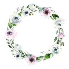 Fototapeta na wymiar Wreath, round frame. Watercolor flowers, pink and white roses, floral illustration hand painting. Perfectly for wedding design, greeting card, poster, flyer and other printing. Isolated on white.