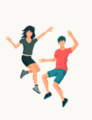 Fototapeta na wymiar A young happy couple jumping high up. People vector illustration.