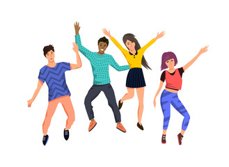Fototapeta na wymiar A group of happy active young people jumping for joy. Isolated Vector character illustration.