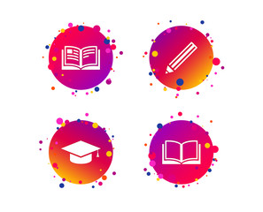 Pencil and open book icons. Graduation cap symbol. Higher education learn signs. Gradient circle buttons with icons. Random dots design. Vector