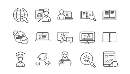 Education line icons. Book, Video tutorial and Instructions. Presentation linear icon set.  Vector