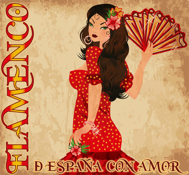 Flamenco party wallpaper with spanish girl and fan, vector illustration