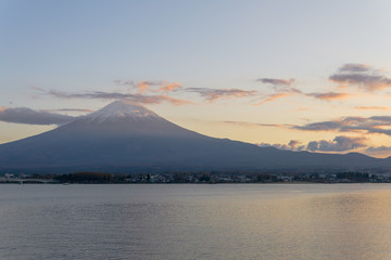 Perfect sunset of Mount Fuji on lake
